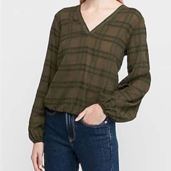 Express Olive Green Plaid Gauzy Cotton Blouse Top NWT Small Puff Sleeve Crochet - Picture 1 of 12